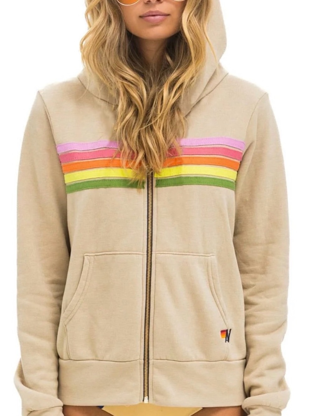 Aviator Nation Tan Hoodie and tan sweatpants with Rainbow Stripe Accents SET - Picture 3 of 9